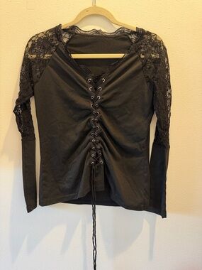 Black Lace-Shoulder Lace-Up Women's Top